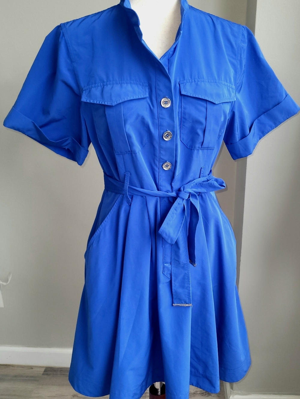 DKNY Cobalt Blue Belted Utility Shirt Dress - Size S - Fit & Flare Safari Chic